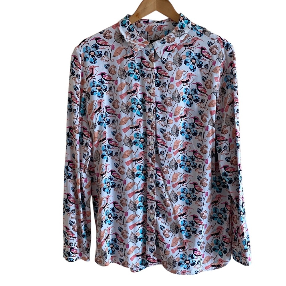 Talbots Button Down Shirt Women's Large‎ Bird Print Floral Novelty Long Sleeve
